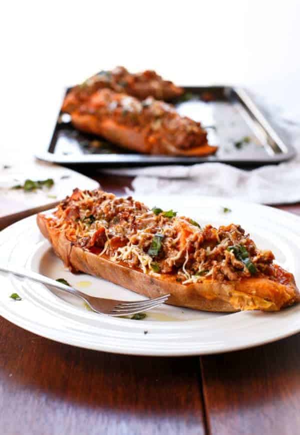 Bacon Bolognese Stuffed Sweet Potatoes - Cafe Delites