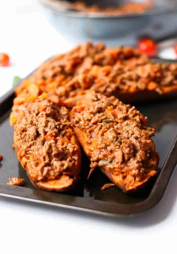  Cheesy Bacon Bolognese Stuffed Sweet Potatoes Cheesy Bacon Bolognese Stuffed Sweet Potatoes