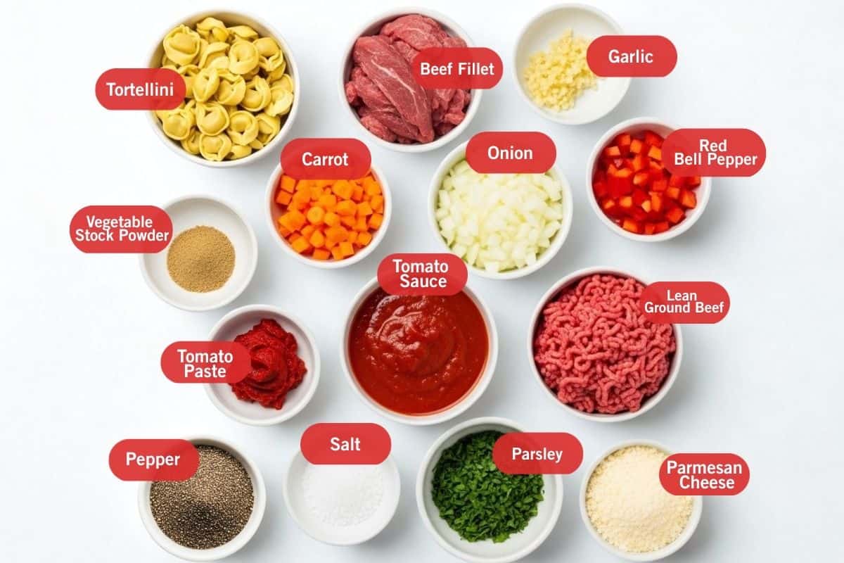 Flat lay photo of ingredient shot of tortellini, beef fillet, garlic, red bell pepper, onion, carrot, vegetable stock powder, tomato paste, tomato sauce, lean ground beef, pepper, salt, parsley and parmesan cheese