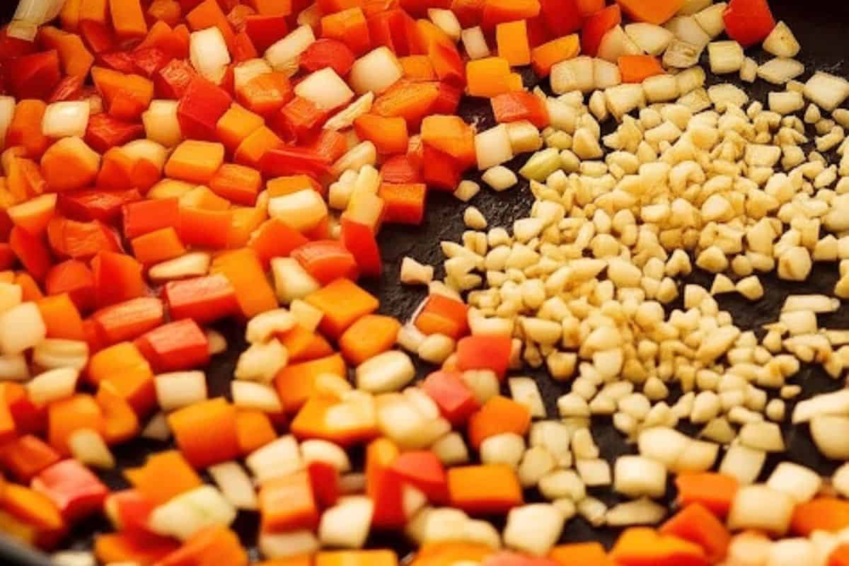 In the same pan, reduce to medium heat and cook the onion, bell pepper, carrot and the garlic