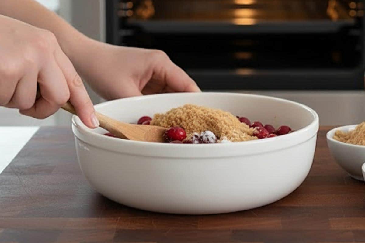 Stirring together cranberries, brown sugar, maple syrup, bourbon, vanilla, and cornstarch in a medium bowl. - 4