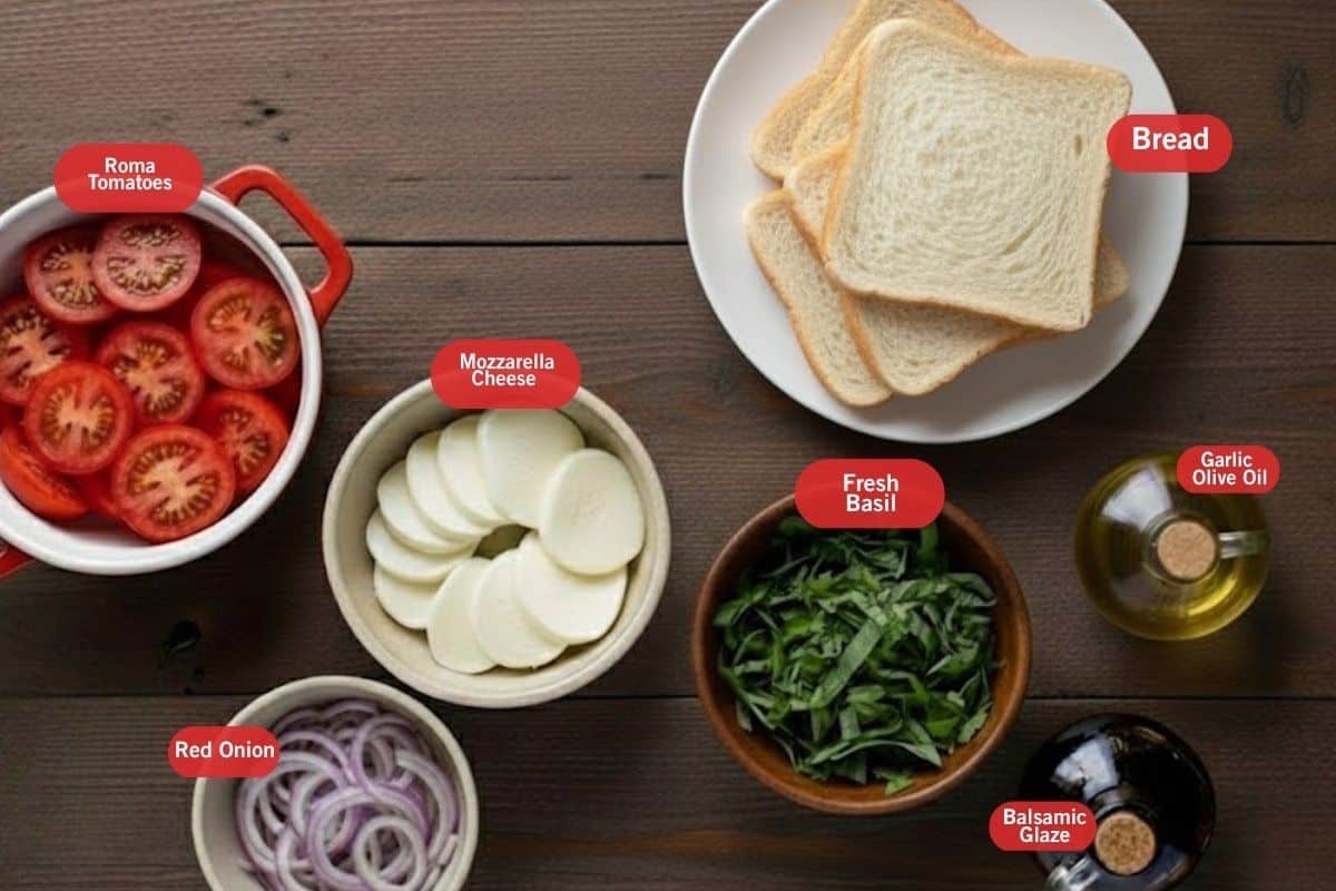 Flat lay photo of ingredient shot of Roma tomatoes, bread, mozzarella cheese, fresh basil, garlic olive oil, red onion, balsamic glaze