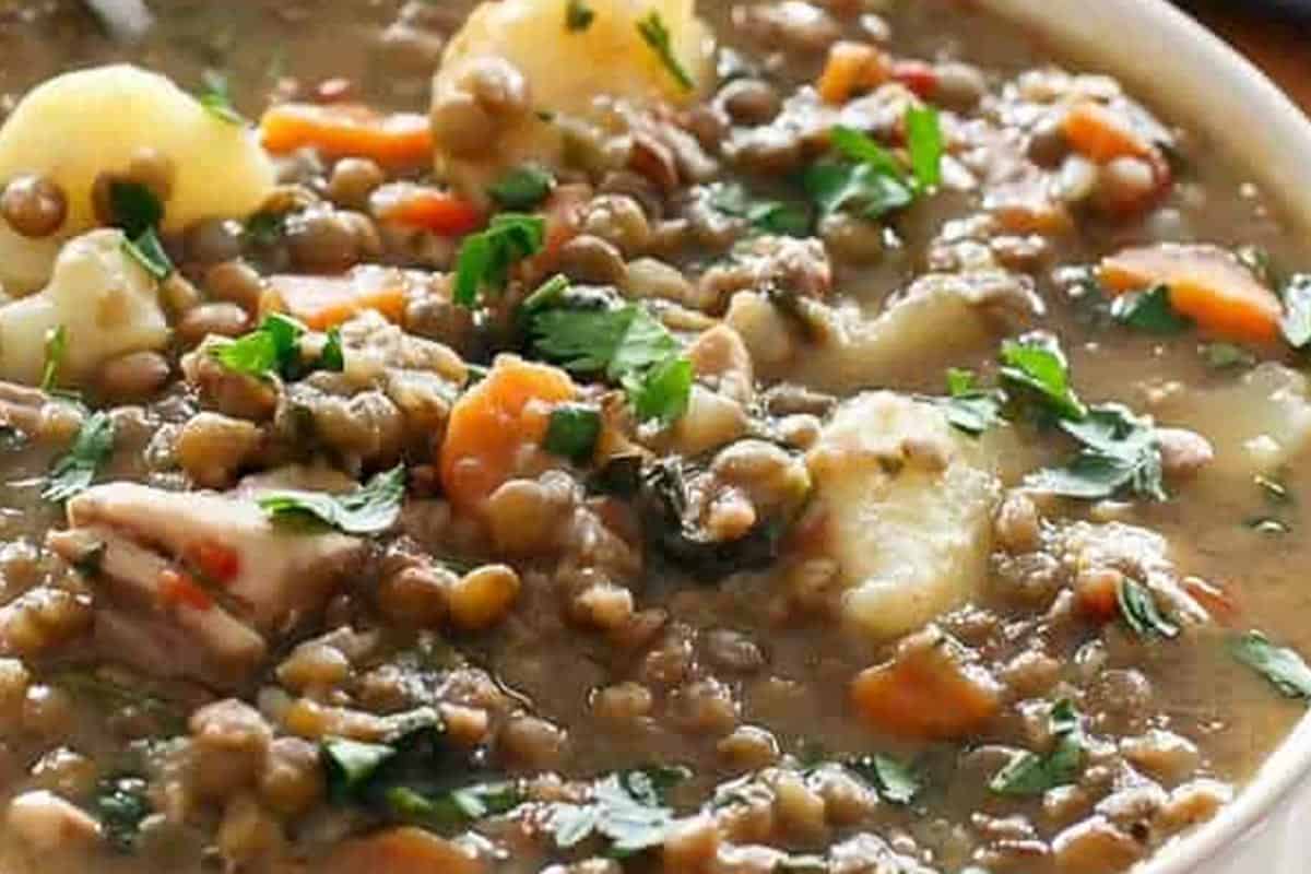 Close-up shot of Chicken Pumpkin Lentil Stew.