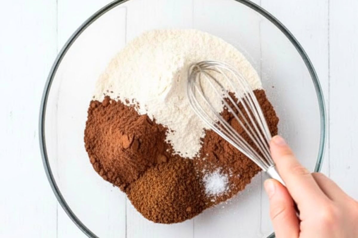 In a large bowl, combine the flour, cocoa powder, instant coffee, and salt. - 4