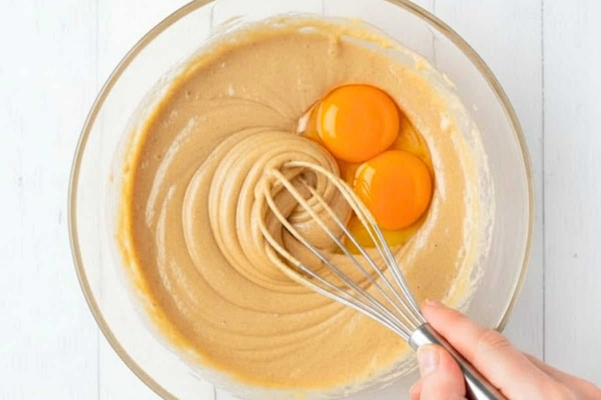  In a separate medium bowl, whisk together the butter or oil, brown sugar, sweetener, and vanilla. and  add the eggs - 5
