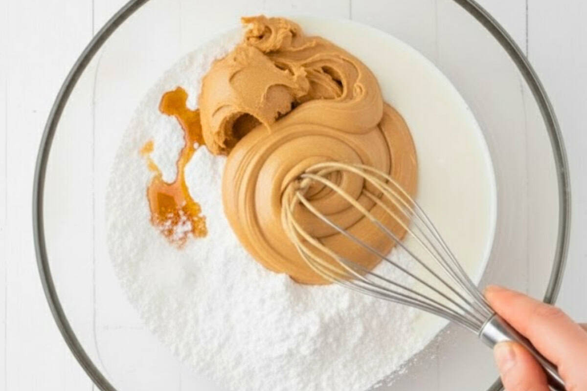 In a clean bowl, whisk all the peanut butter filling ingredients (maple syrup, natural peanut butter, powdered sugar, salt, unsweetened almond milk) - 7