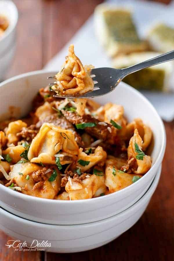 Tortellini with Chunky Beef Sauce | https://cafedelites.com