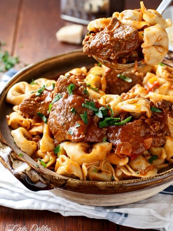Tortellini with Chunky Beef Sauce in a pot