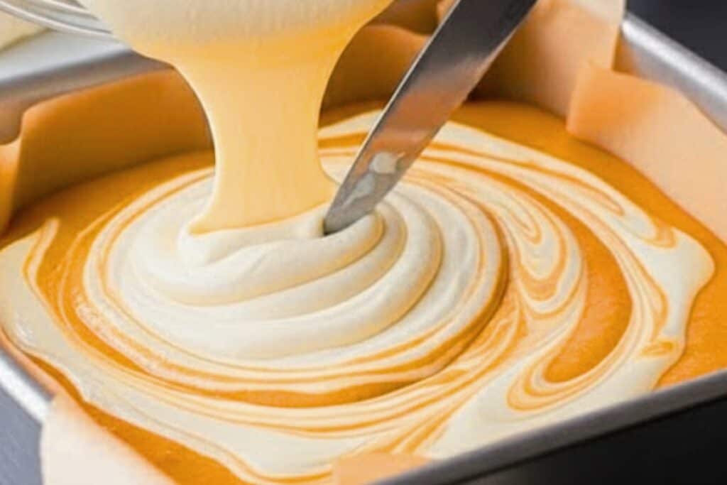 Pour the cheesecake mixture over the batter, then drag a knife through both layers to create a gentle marble effect