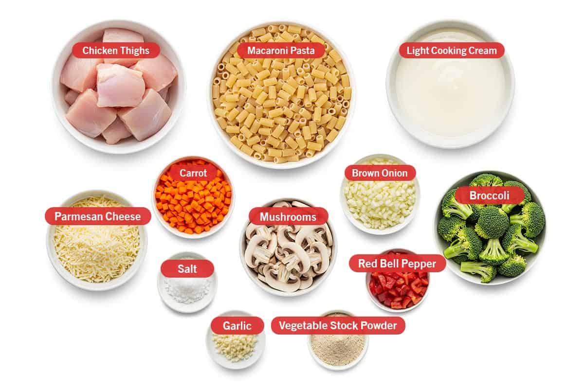 Top shot of ingredients: chicken thighs, macaroni pasta, light cooking cream, carrot, brown onion, parmesan cheese, salt, mushrooms, red bell pepper, broccoli, garlic, and vegetable stock powder.