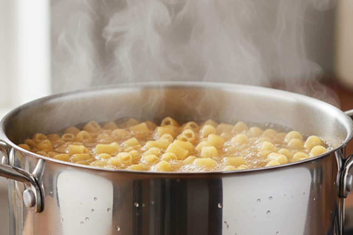 Cooking the macaroni pasta in a large pot of salted water.