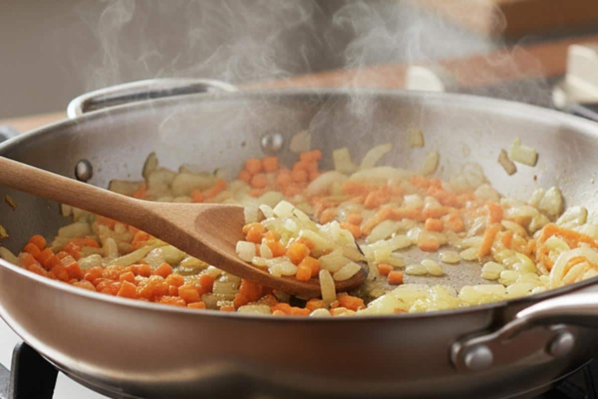 Sautéing the onion and carrot.