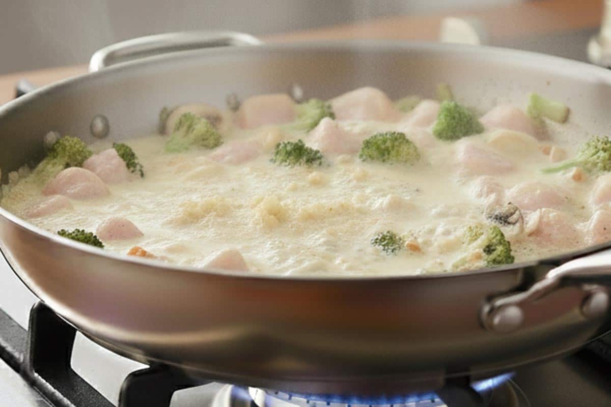 Added the garlic, cream, stock powder, and salt in the pan.