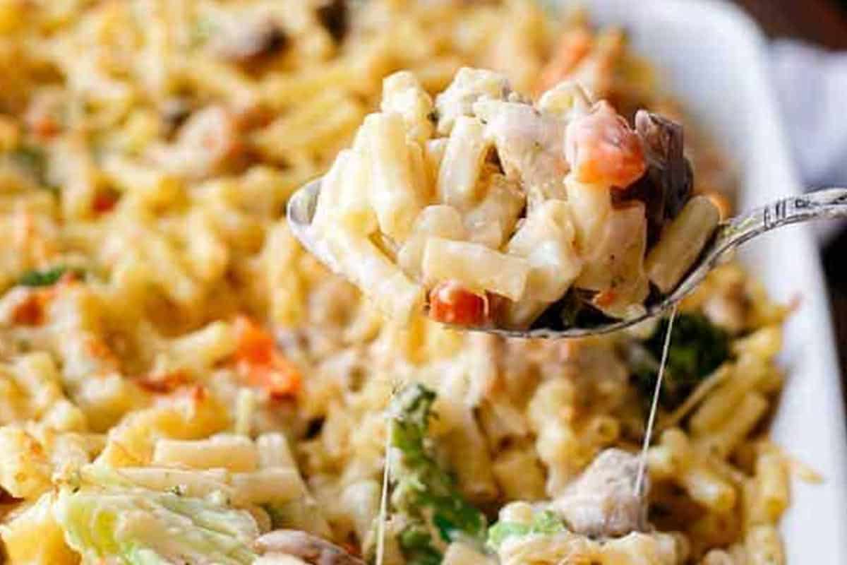 Close-up shot of Creamy Chicken Mac And Cheese Bake.