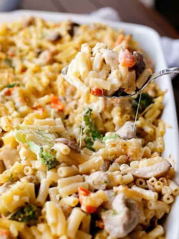 Creamy Chicken and Mushroom Macaroni Cheese Bake on a tray