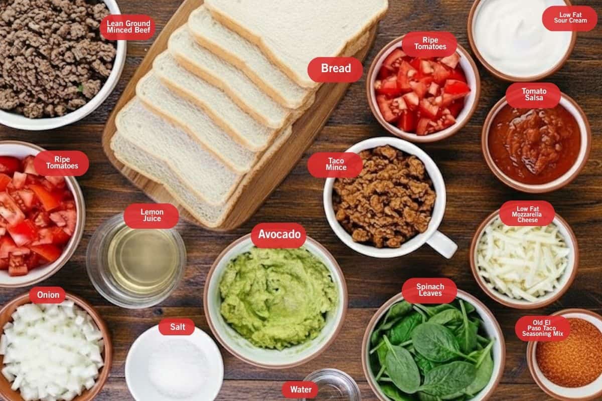 Flat lay photo of ingredient photo of onion, ripe tomatoes, lean ground beef minced beef, old El Paso taco seasoning mix, bread, avocado, lemon juice, salt, spinach leaves, taco mince, low far mozzarella, tomato salsa, water, low fat sour cream - 2