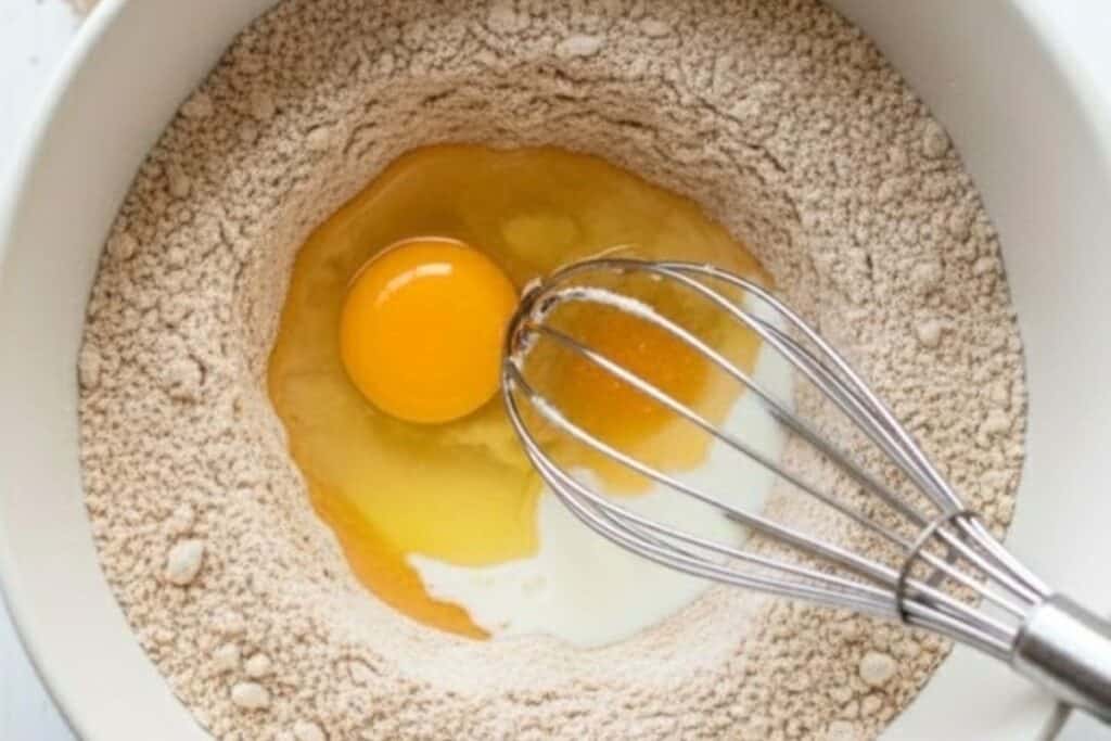 Make a well in the centre and add the egg, melted butter, milk, and orange juice. - 5