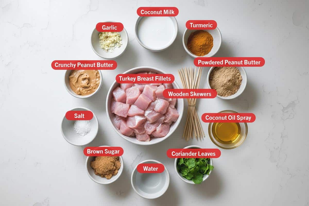 Top shot of ingredients: garlic, coconut milk, turmeric, powdered peanut butter, wooden skewers, coconut oil spray, coriander leaves, water, brown sugar, salt, crunchy peanut butter, and turkey breast fillets. - 2