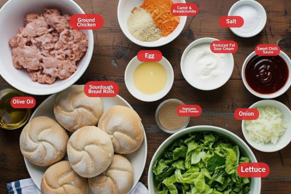 Flat lay photo of ingredient shot of ground chicken, carrot and breadcrumbs, salt, chili sauce, onion, lettuce, reduced fat sour cream, olive oil, sourdough, egg, vegetable stock powder