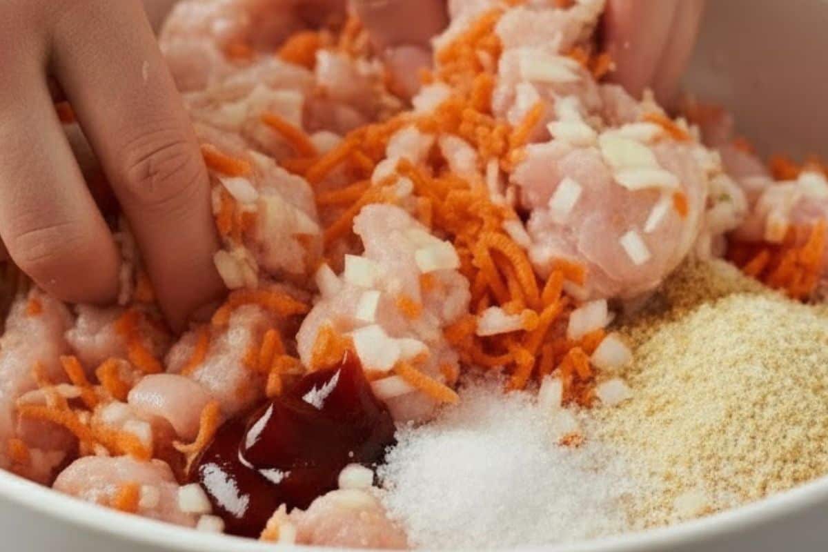 In a bowl, combine chicken, onion, carrot, egg, sweet chilli, breadcrumbs, vegetable stock powder, and salt. Mix with hands until combined.