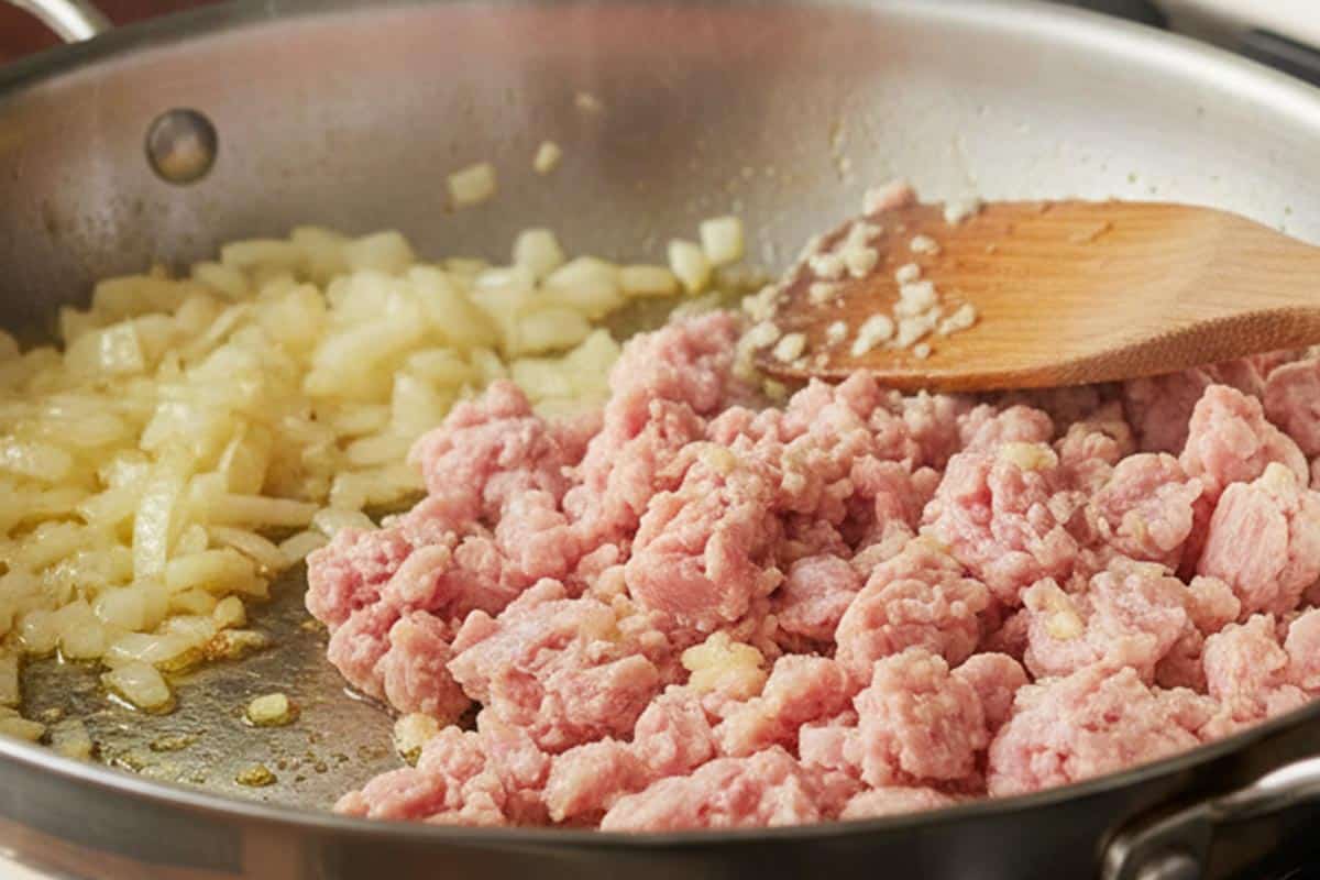 Sautéing onion in a lightly oiled pan with ground turkey and garlic. - 4