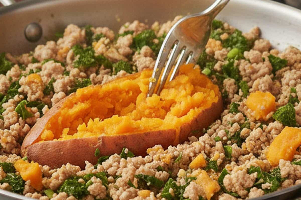 Gently mashed the sweet potato into the turkey mixture with a fork. - 6