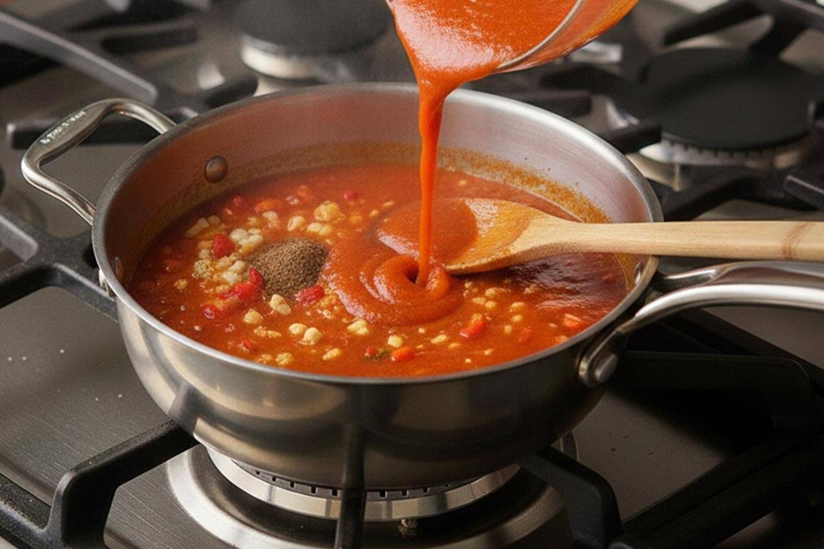 Cooking the onion, garlic and capsicum, condensed tomato soup and stock powder in a saucepan. - 7