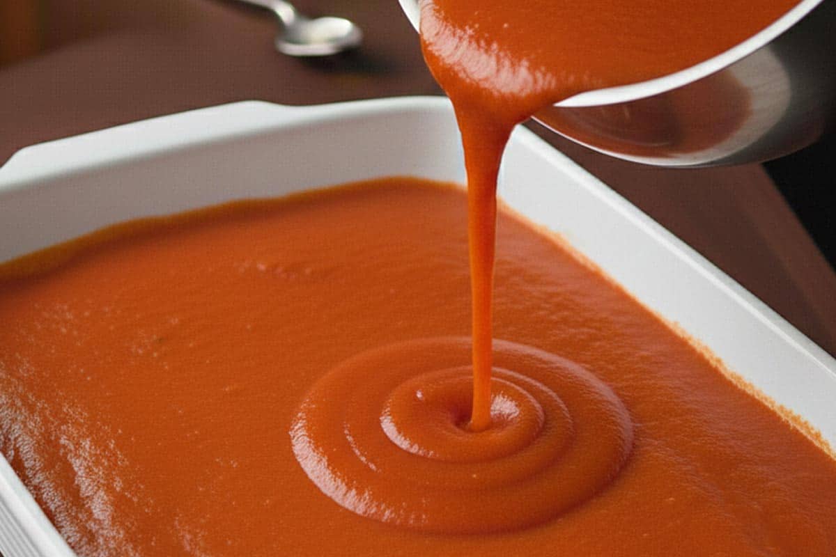 Pouring the tomato sauce. - 9