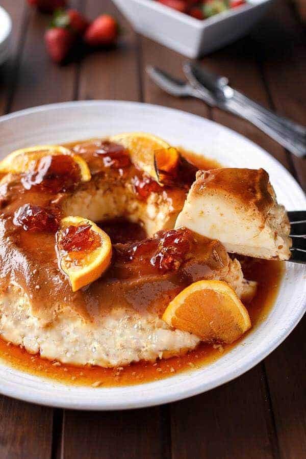 Orange Creme Caramel with Toffee Shards | https://cafedelites.com