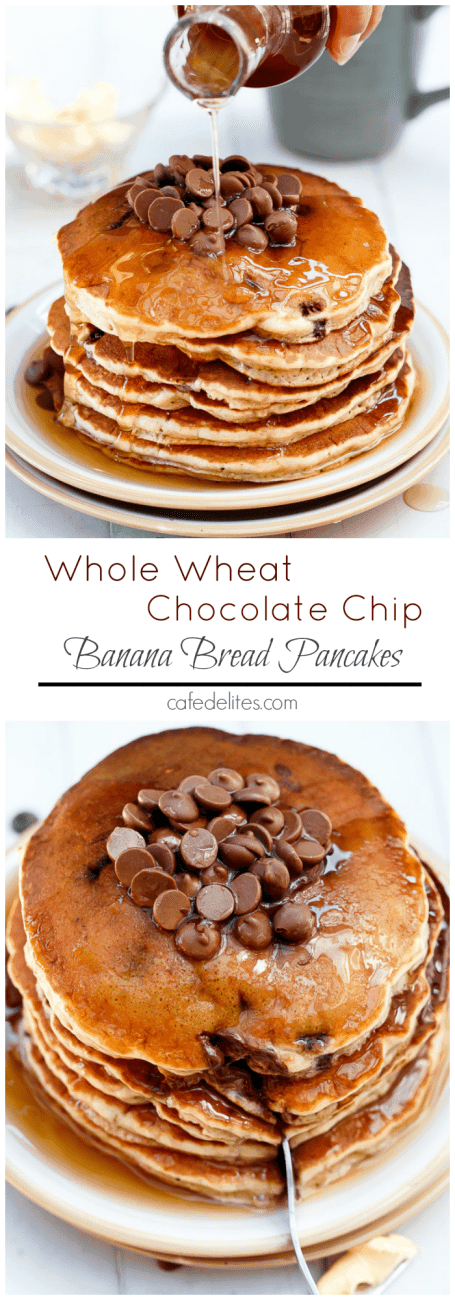 Choc Chip Banana Bread Pancakes on https://cafedelites.com
