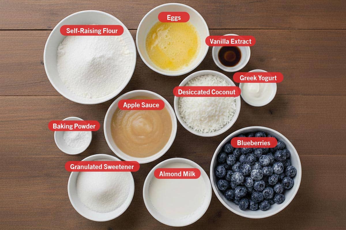 Top shot of ingredients: Self-Raising Flour, eggs, vanilla extract, greek yogurt, dessicated coconut, apple sauce, baking powder, granulated sweetener, almond milk, and blueberries.