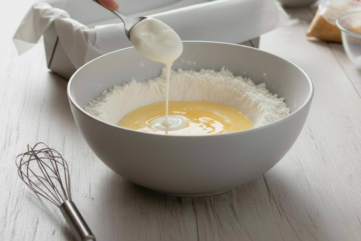 Adding the yogurt in the bowl with dry mixture and eggs.