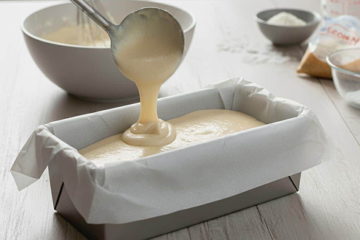 Pouring the batter in the prepared tin.