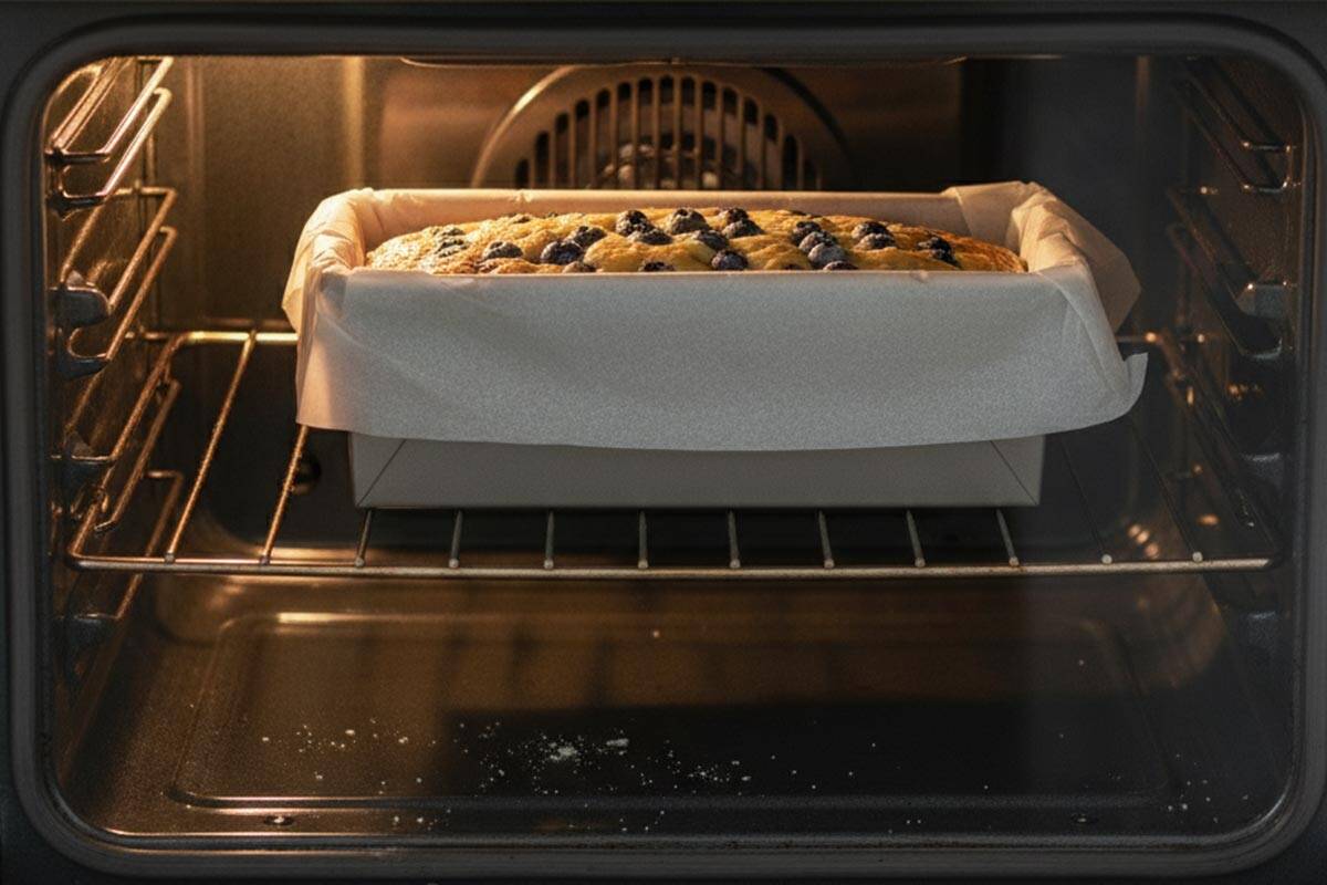 Baking the loaf in the oven.