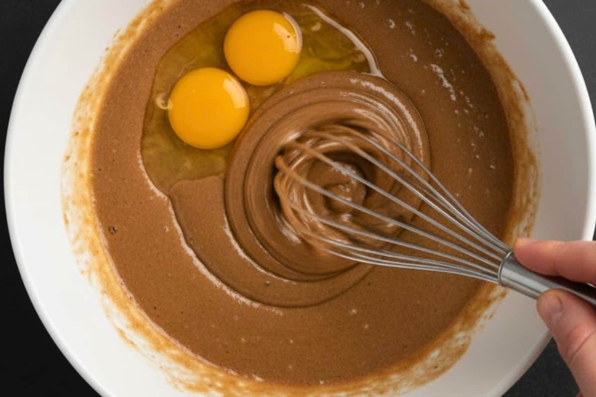 In a large mixing bowl, combine the melted butter or coconut oil with the brown sugar. Whisk in the eggs .