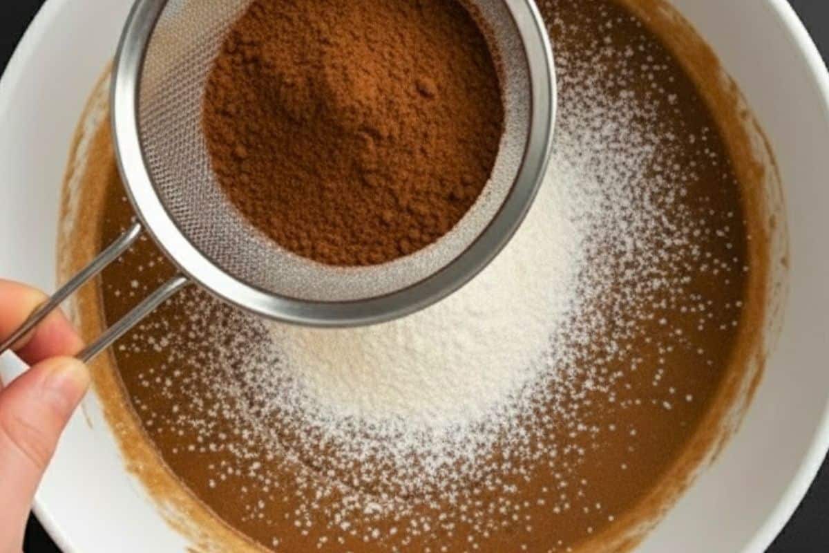 Sift the flour and cocoa powder directly into the wet mixture.