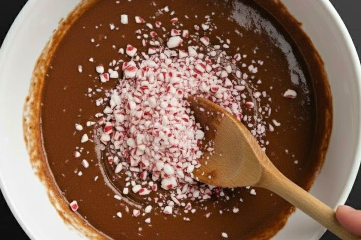 Add most of the candy canes into the batter and carefully fold them.