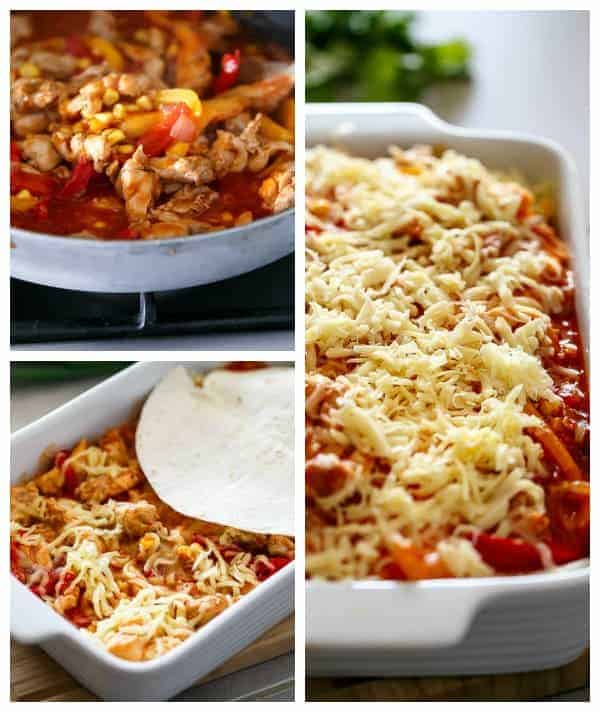 A cheesy and warm dish full of comfort food Chicken and Corn Enchilada Bake