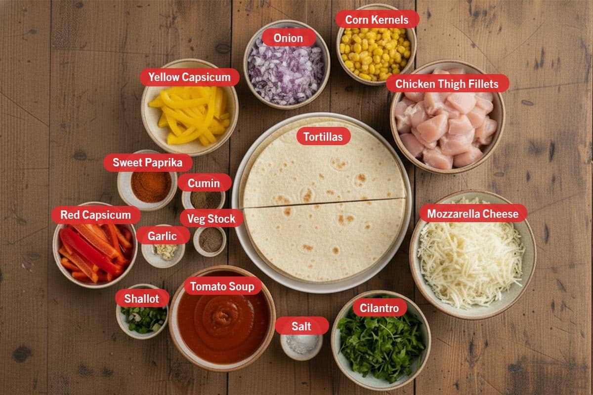 Top shot of ingredients: yellow capsicum, onion, corn kernels, chicken thigh fillets, tortillas, sweet paprika, cumin, vegetable stock, garlic, red capsicum, shallot, tomato soup, salt, cilantro, and mozzarella cheese.
