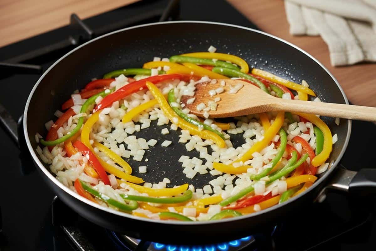 Cooking the chopped onion and sliced capsicums in the pan.