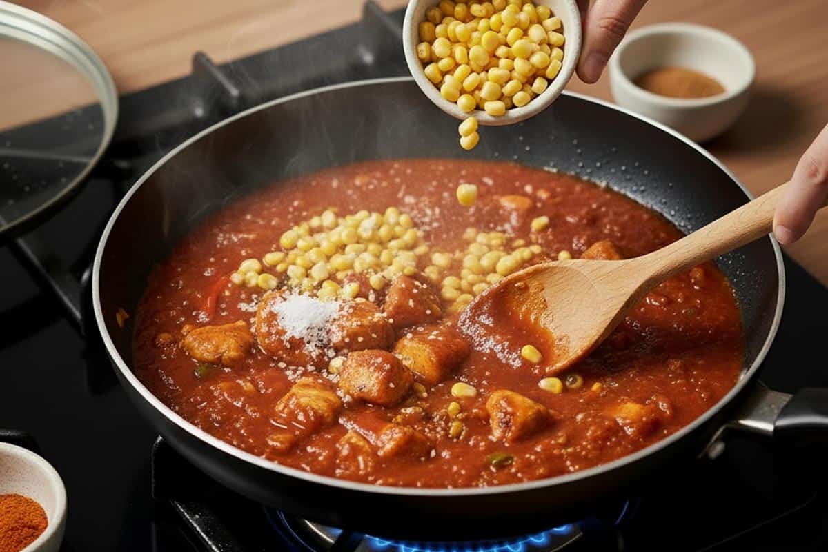 Added the corn, vegetable stock powder, cumin, minced garlic, paprika, and a pinch of salt.