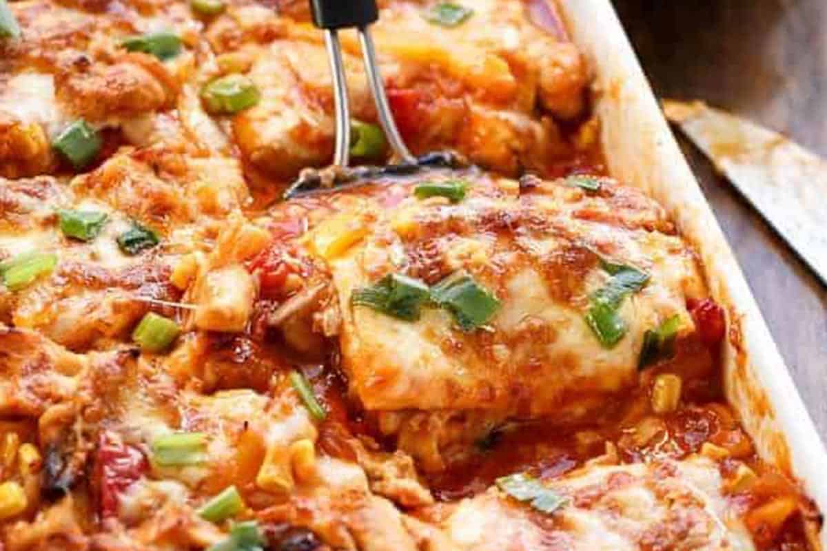 Close-up shot of Chicken and Corn Enchilada Bake.