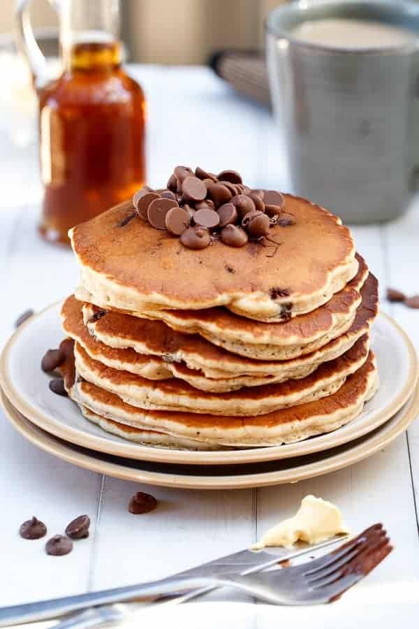 Choc Chip Banana Bread Pancakes on https://cafedelites.com