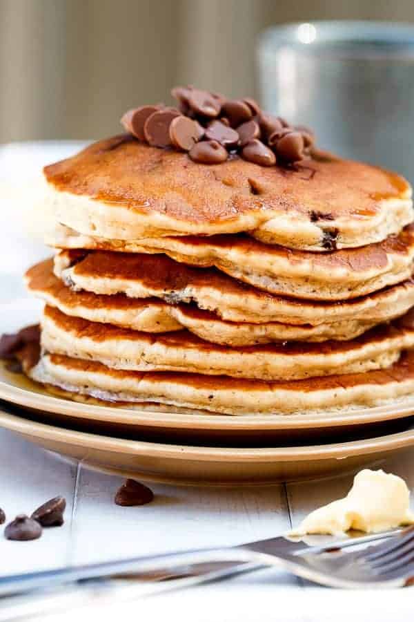 Choc Chip Banana Bread Pancakes on https://cafedelites.com