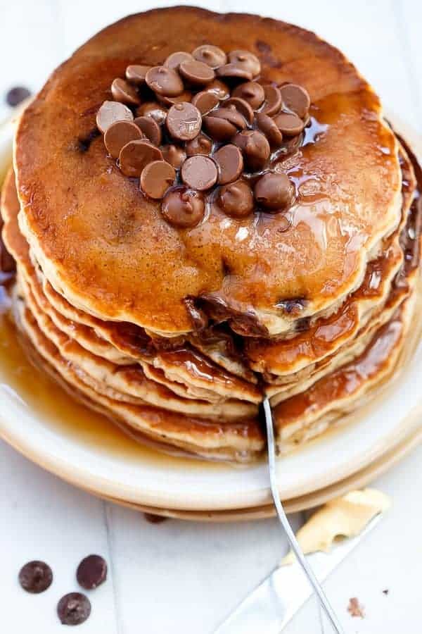 Choc Chip Banana Bread Pancakes on https://cafedelites.com