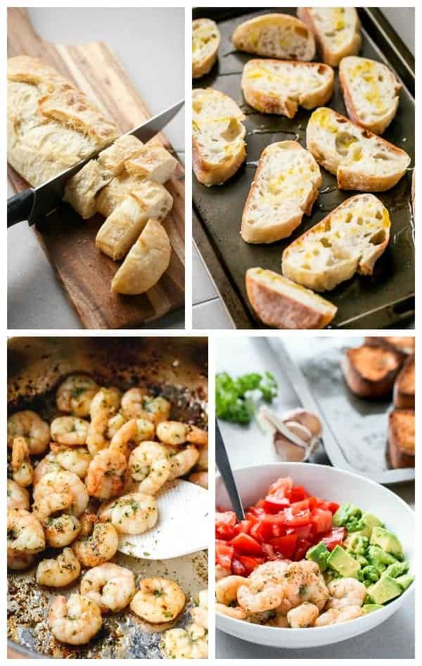 Garlic Prawn and Avocado Crostini on https://cafedelites.com