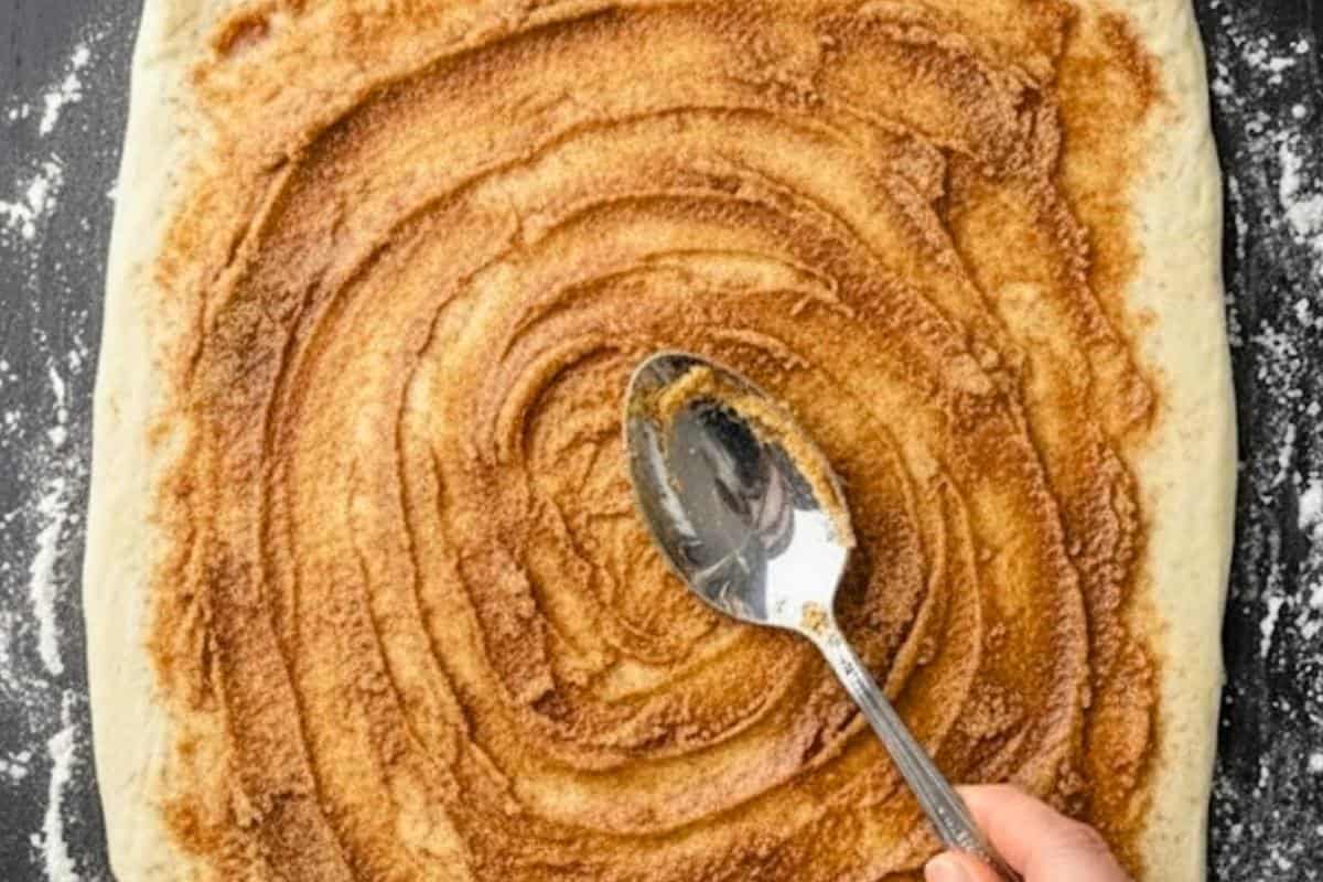 Lightly flour your surface and shape the dough into a 13 x 10 inch rectangle. Brush with butter and spread the cinnamon filling evenly - 7