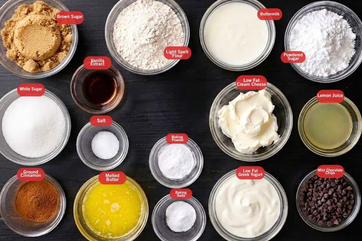 Flat lay photo for ingredient shot of 
no yeast chocolate cinnamon rolls
(brown sugar, white siugar, ground cinnamon, melted butter, baking soda and powder, low fat cream cheese, low fat greek yogurt, mini chocolate chips, lemon juice, powdered sugar, butter milk, light spelt flour, salt, vanilla extract) - 2