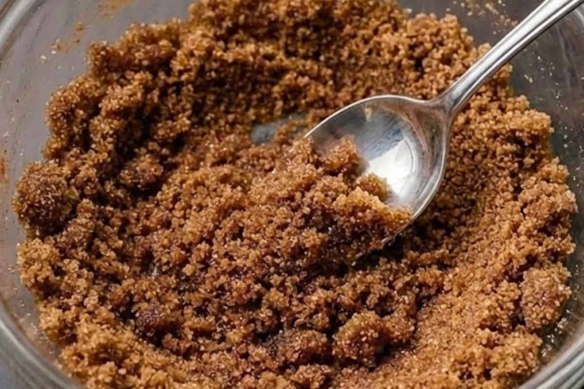 Combine brown sugar, granulated sugar, cinnamon, vanilla and salt in a medium bowl. Stir in the butter until the mixture looks sandy - 4