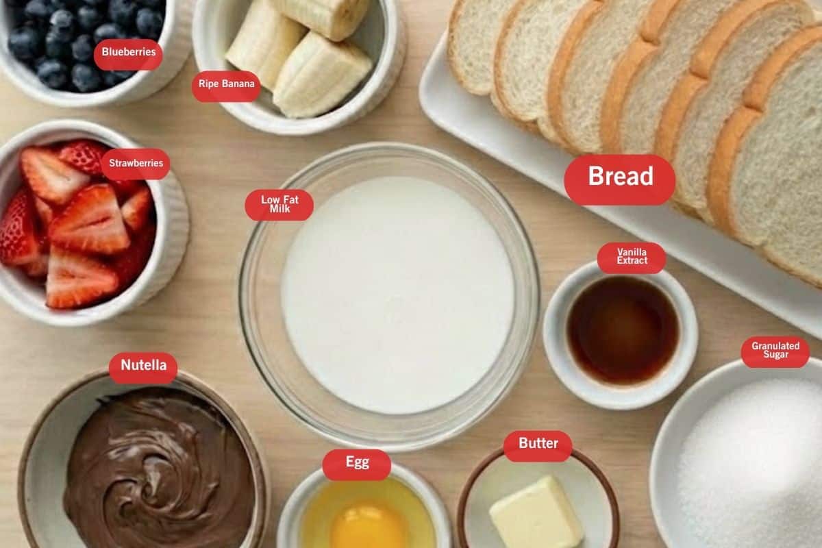 Flat lay photo of ingredient shot of blueberries, ripe bananas, bread, strawberries, low fat milk, vanilla extract, nutella, egg, butter, granulated sugar - 2